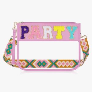 🆕Chenille PARTY Letter Clear Pink Zipper Pouch Shoulder Strap Crossbody Wristle